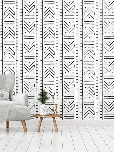 African Print Mudcloth Boomerang like shapes geometric wallpaper black and white 