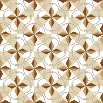 Wallpaper consisting of diamond and triangle shapes in colours beige, light brown, dark brown and white all joined together making a continuous seamless pattern.