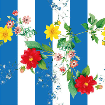 Wallpaper pattern of a colourful floral pattern of yellow flowers and red flowers with green leaves, on a background of blue and white vertical stripes.