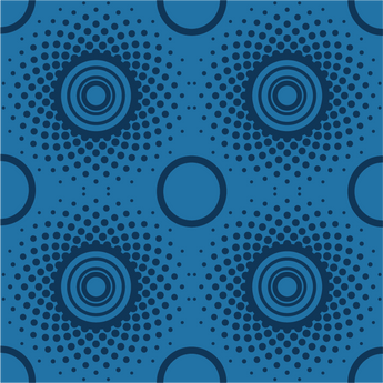 Wallpaper with a pattern consisting of a repeat pattern of circles, arrange in rows. row 1  concentric circles and dots surrounding the circles. row 2 plain rings. Background is royal blue, circles and dots are navy blue. 