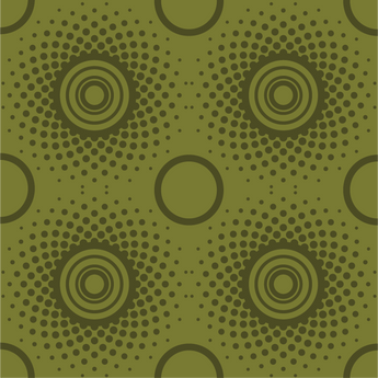 Wallpaper with a pattern consisting of a repeat pattern of circles, arrange in rows. Row 1  concentric circles and dots surrounding the circles. row 2 plain rings. Background is olive green, circles and dots are dark green.