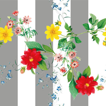 Wallpaper pattern of a colourful floral pattern of yellow flowers and red flowers with green leaves, on a background of grey and white vertical stripes.