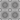 Wallpaper with a pattern consisting of a repeat pattern of circles, arranged in rows. Row 1  concentric circles and dots surrounding the circles. Row 2 plain rings. Background is light grey, circles and dots are dark grey.