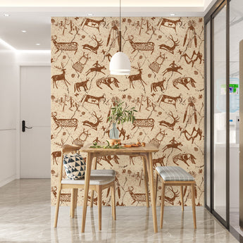 Wallpaper with  a beige background, and brown coloured graphics that look like cave Khoisan drawings. Setting is a table and chairs that complement the wallpaper.