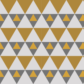 Wallpaper with 3 types of joined triangles. 2 large mustard and white triangles, and small mustard and dark grey triangles.  
