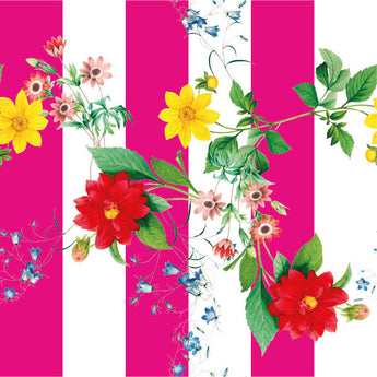 Wallpaper pattern of a colourful floral pattern of yellow flowers and red flowers with green leaves, on a background of pink and white vertical stripes.