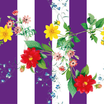 Wallpaper pattern of a colourful floral pattern of yellow flowers and red flowers with green leaves, on a background of purple and white vertical stripes