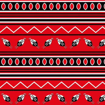 Swazi inspired wallpaper Red background with geometric repeat pattern of zig zag lines and shield and spear graphics and oval shapes in colours black and white