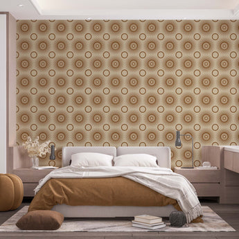 A bedroom with complete bedroom furniture and bedding. On the one wall is a wallpaper with a beige background and brown circles.