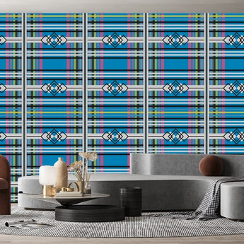 Venda inspired wallpaper with various geometric shapes. a geometric pattern of outlines of diamond shape and straight lines in various thicknesses. Background is blue, with various thickness lines in grey, lime, and pink colours. On a wall in a  living room setting.